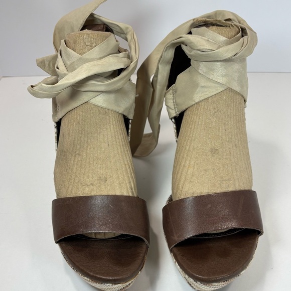 UGG Jules Tan Ribbon Strappy Tie Jute Espadrille Striped Sandals Wedge Sz 10 - Picture 6 of 12